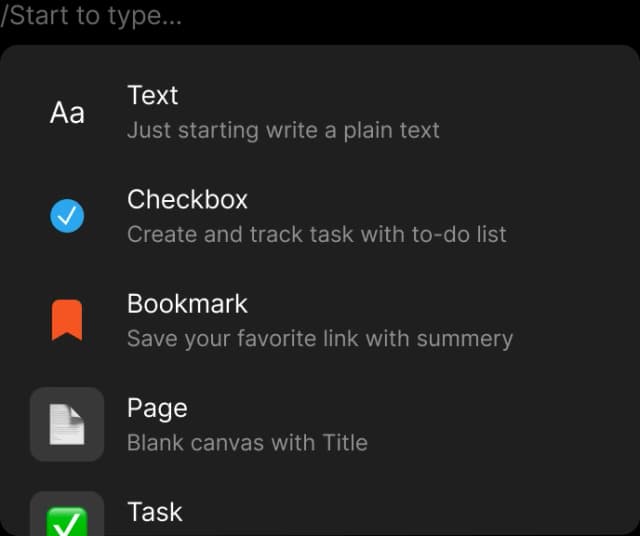 Anytype’s block menu offers text, checkbox, bookmark, and page blocks