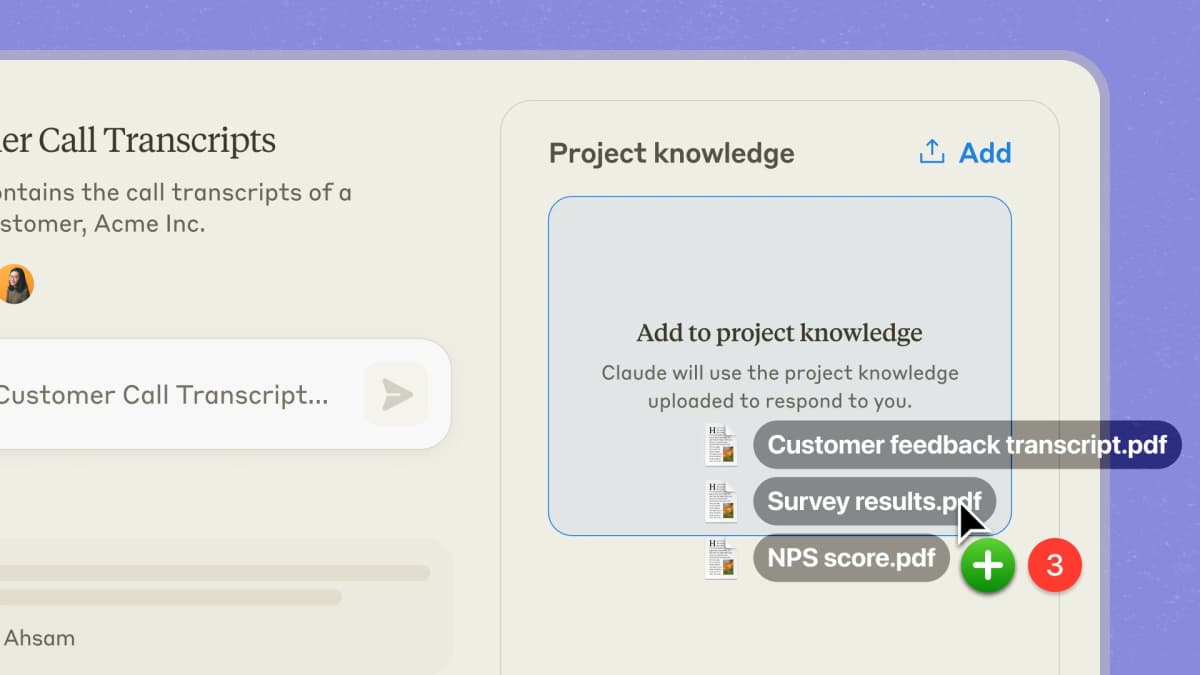 Claude Projects interface showing files being added to project knowledge