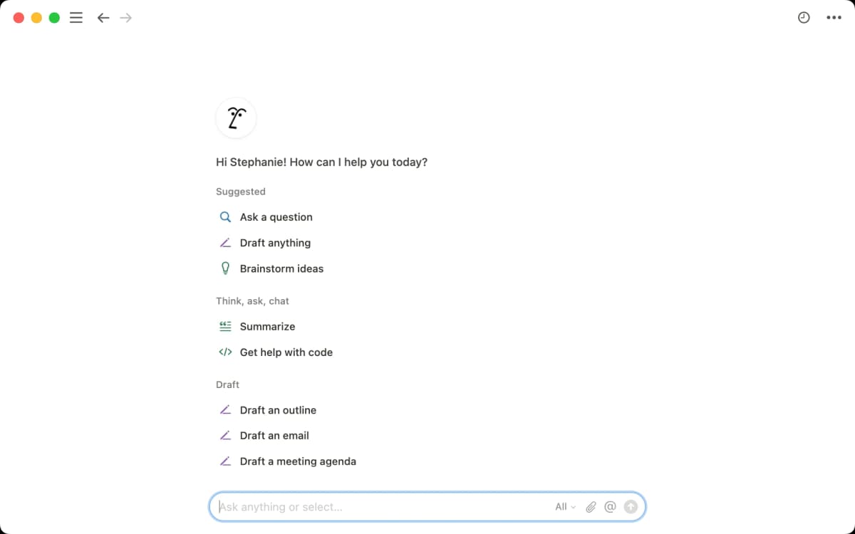 Notion AI home screen showing actions to ask, draft, brainstorm, summarize, and get help with code.