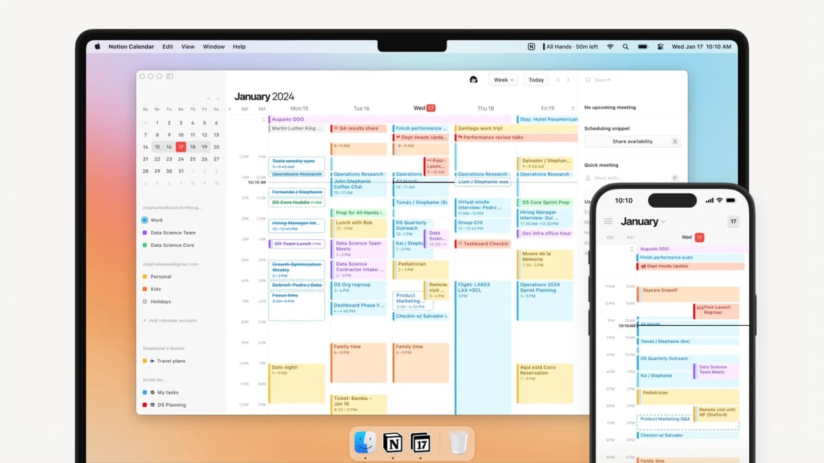 Notion Calendar showing a desktop week view beside a mobile calendar.