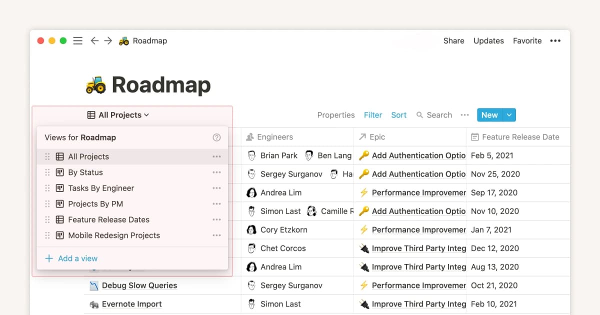 Notion roadmap database with project fields and saved views.