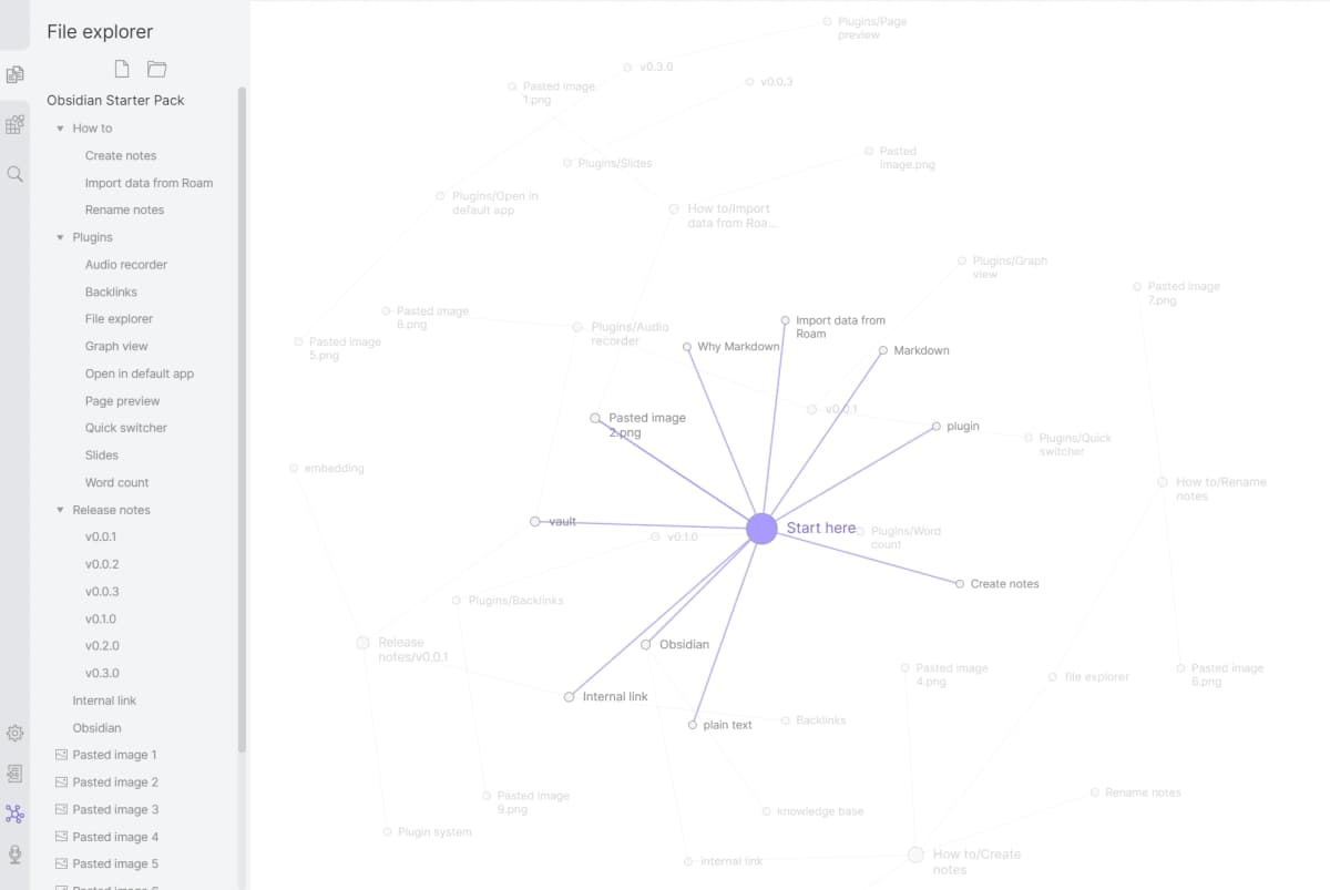 Obsidian Graph View showing notes as nodes connected by internal links.