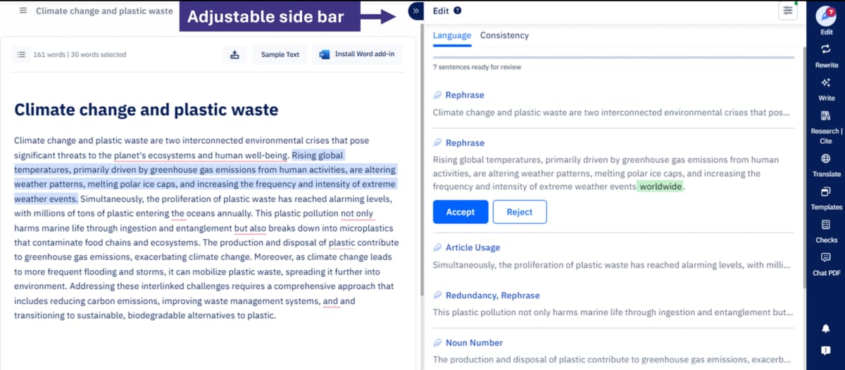 Paperpal editor showing a draft beside sentence-level rewrite suggestions