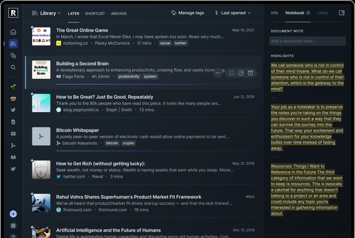 Official Readwise Reader interface with a reading library and highlighted passages in the notebook panel.