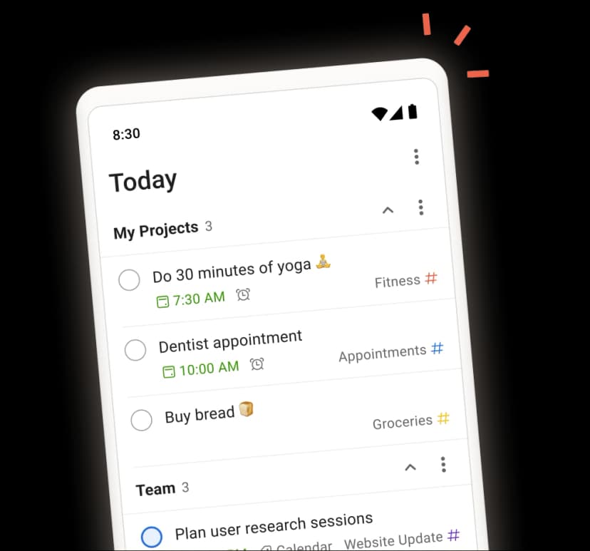 Todoist Today view showing tasks, due times, and project labels.