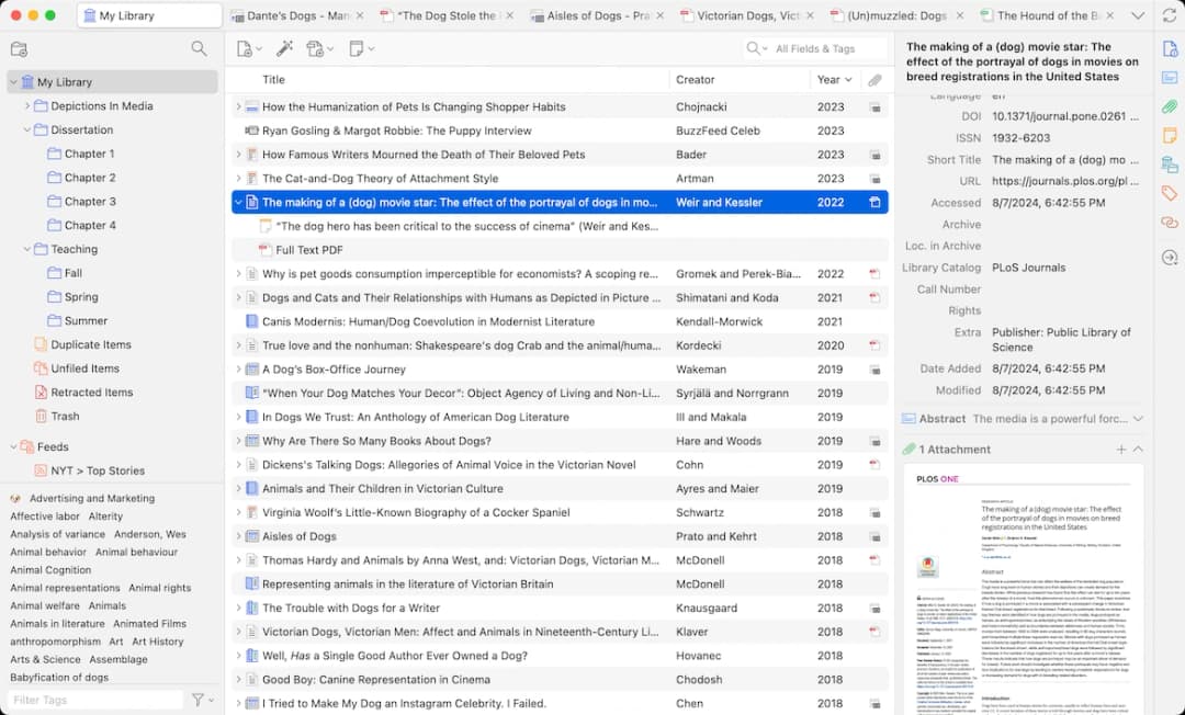Official Zotero desktop screenshot showing folders, paper metadata, tags, and a PDF preview in a reference library.