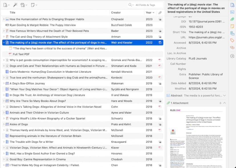Zotero library showing reference titles, selected-item metadata, and a PDF attachment preview.