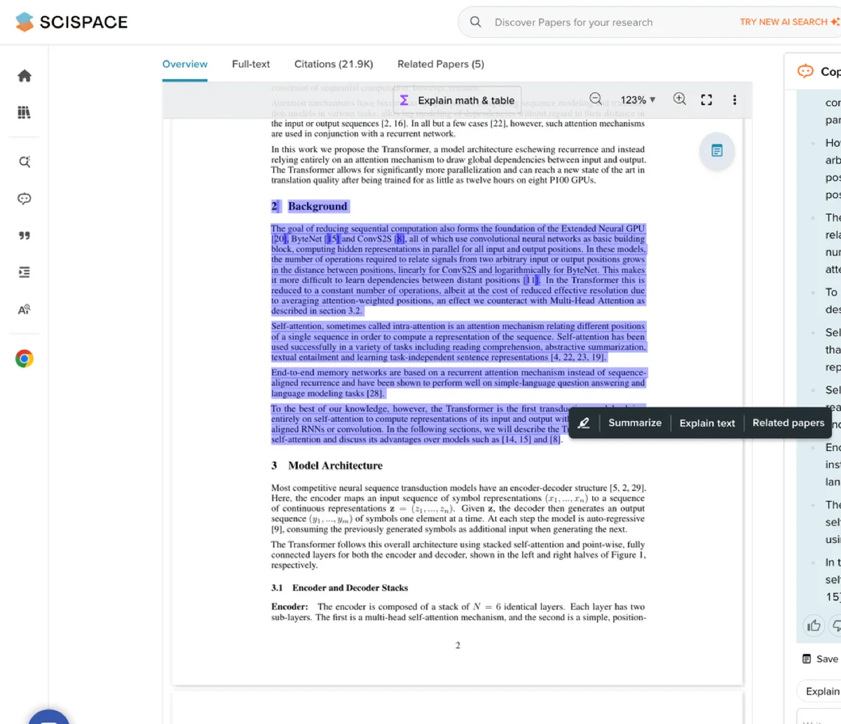SciSpace Copilot beside a research paper with a highlighted passage and explanation panel.