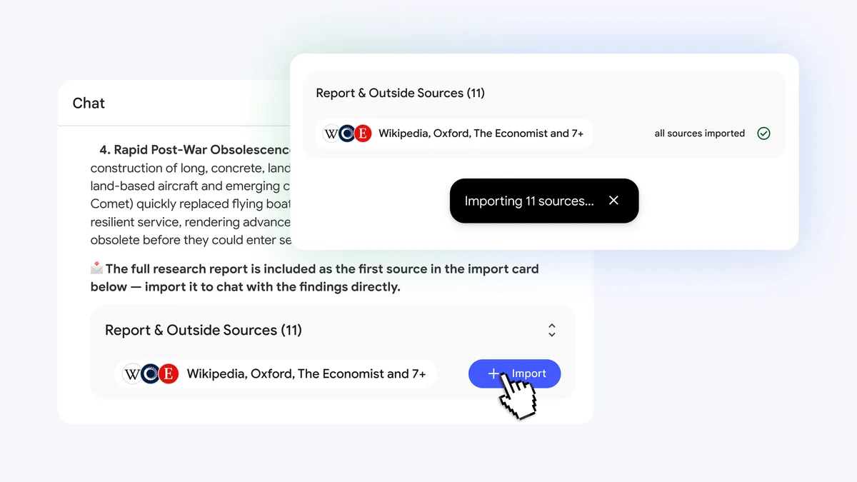 Google’s July 2026 NotebookLM page shows a chat answer with an Outside Sources card listing 11 sources and an Import control.