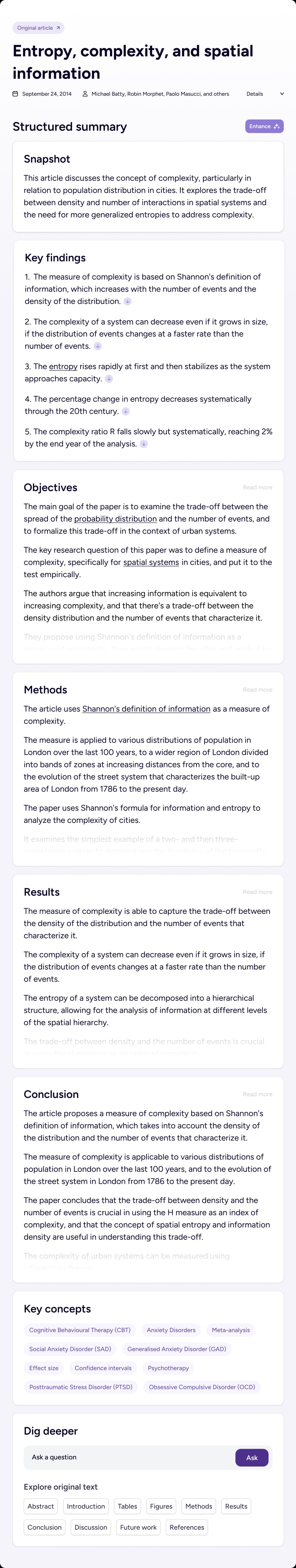 Scholarcy structured summary card showing snapshot, key findings, objectives, methods and results.