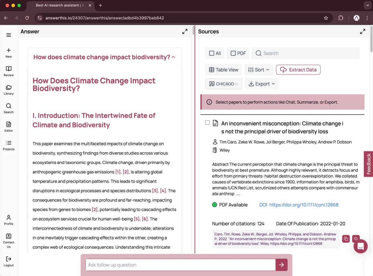 AnswerThis answer workspace with a generated climate-and-biodiversity draft beside a panel listing its paper source.