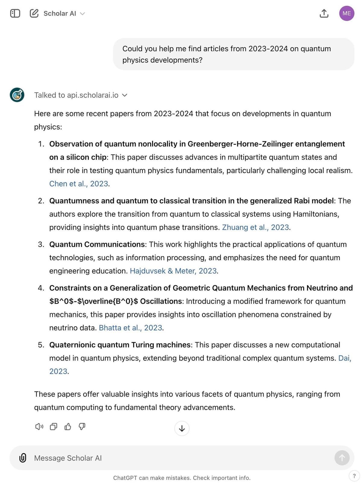 ScholarAI chat showing a quantum-physics paper search prompt and paper-style results with author-year citations.