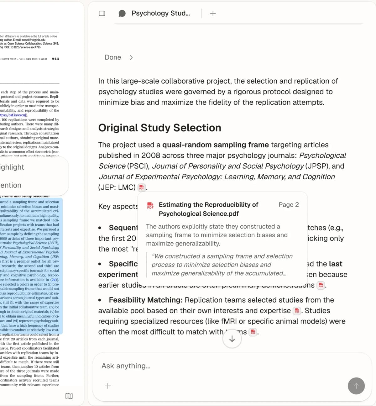 Atlas shows a cited answer beside a supporting passage from a psychology research paper.