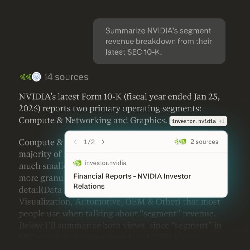 Perplexity answer shows a source count and an opened source card for NVIDIA Investor Relations.