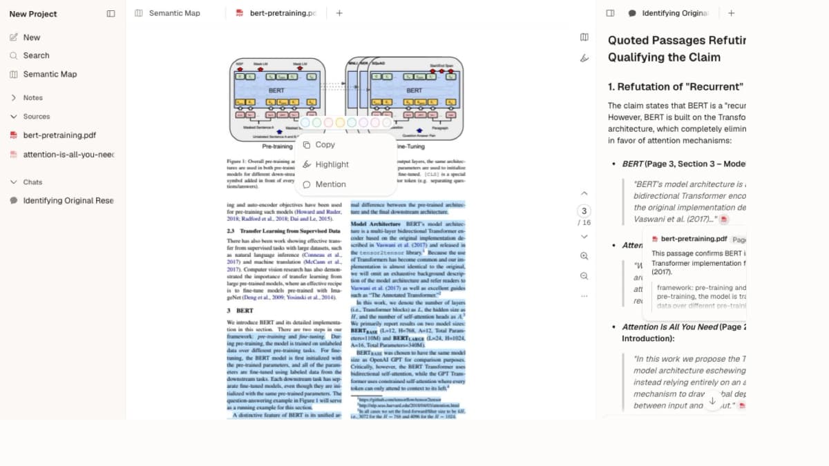 Atlas answer view with cited source passages open beside the response.