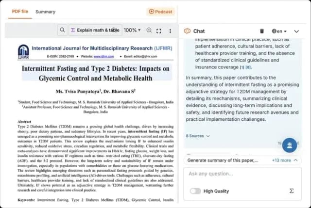 SciSpace shows an uploaded paper beside a chat answer and its source count