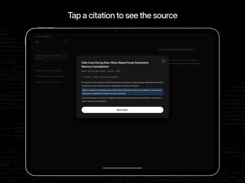 Anara iPad screenshot with a highlighted paper passage, a citation detail, and an Open paper action.