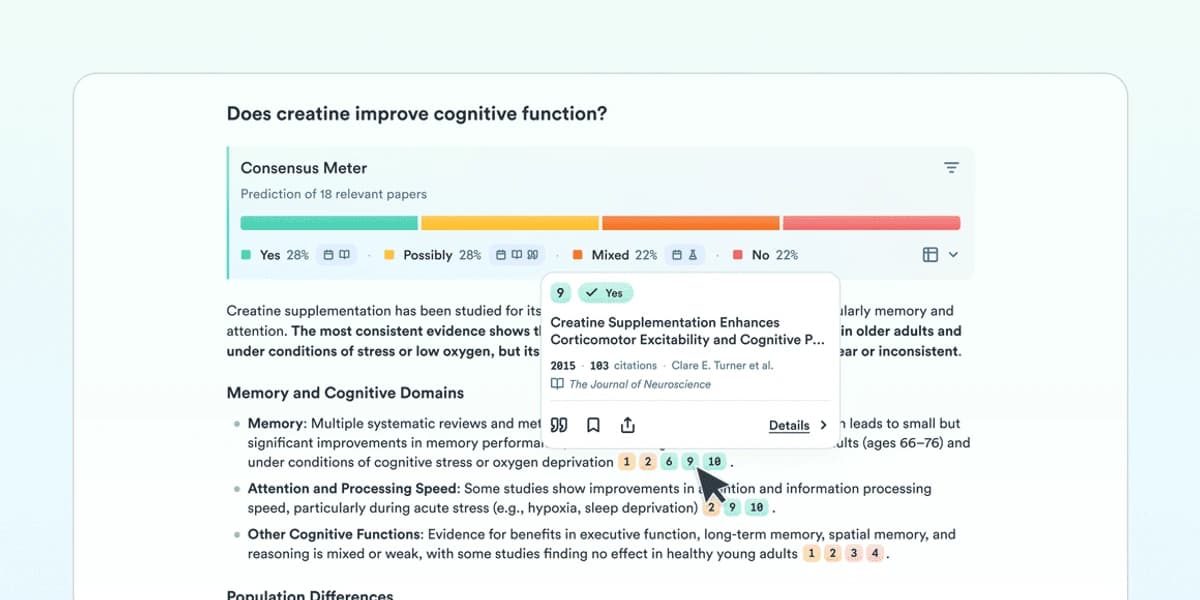 Consensus screen showing a research answer linked to papers.
