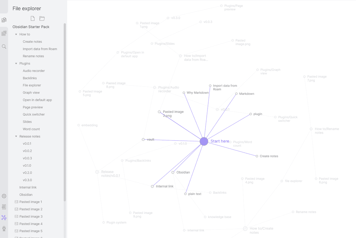 Obsidian graph view showing connected notes as a network of linked nodes