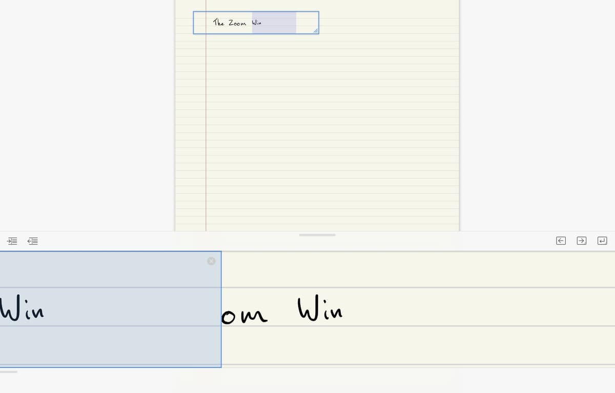 Goodnotes support screenshot showing the Zoom Window for writing smaller handwritten notes on lined paper.