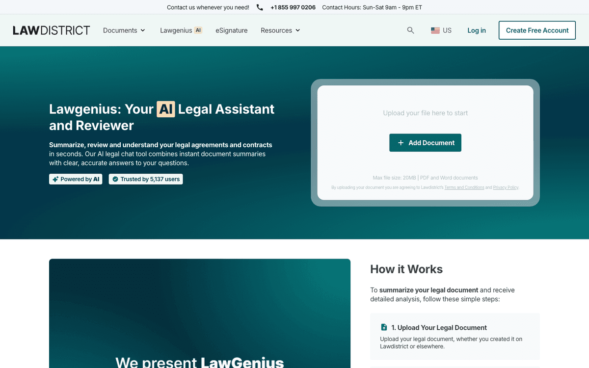 LawDistrict Lawgenius reviewer page with a document upload panel and legal document summary workflow.