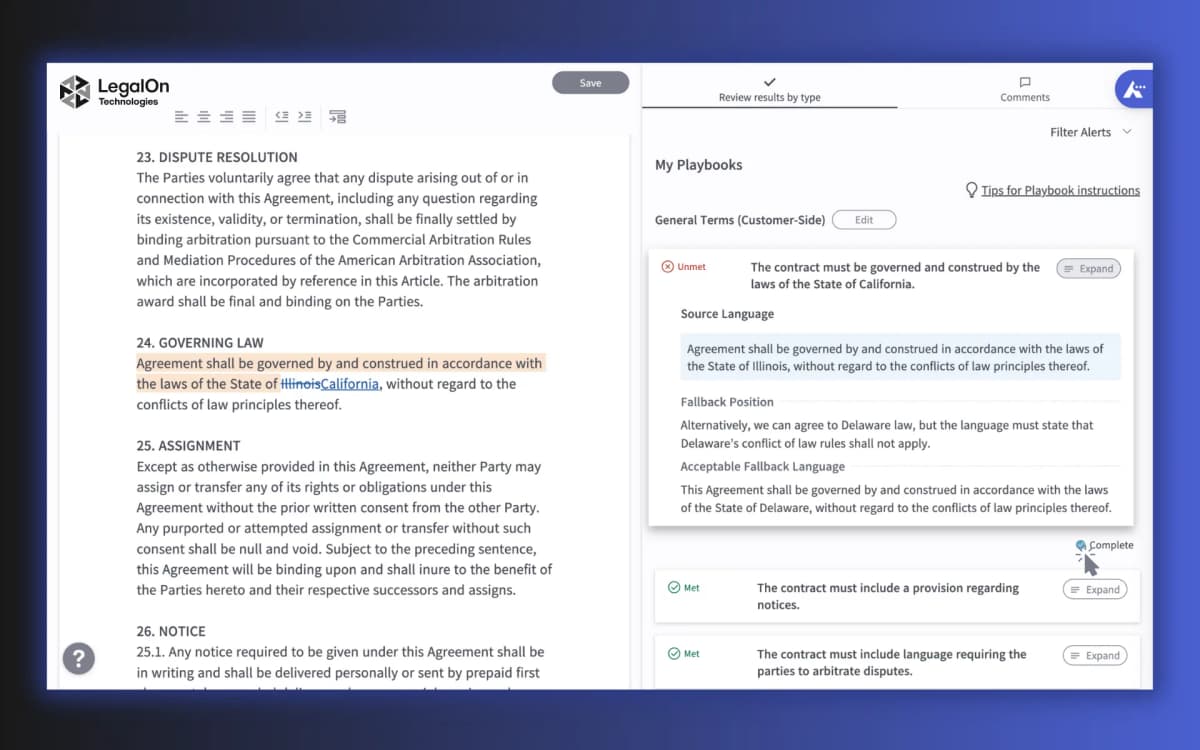 LegalOn contract review interface showing contract language beside playbook review alerts.