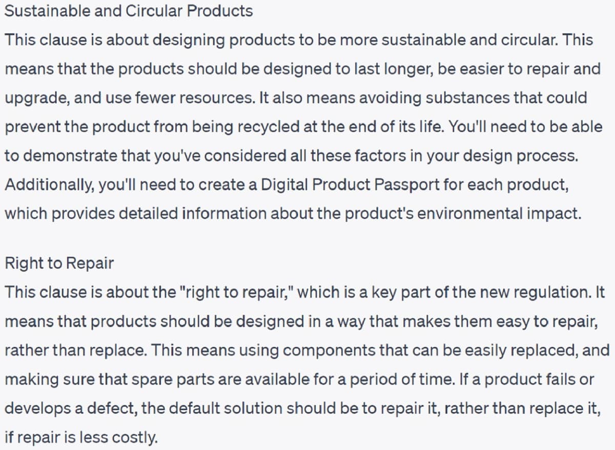 A 2023 ChatGPT answer explaining sustainable-product and right-to-repair contract clauses, reproduced in an open-access study.