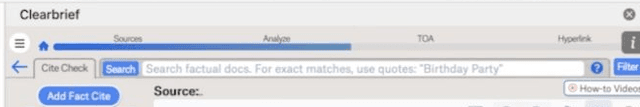 Clearbrief public walkthrough showing Cite Check and Search controls in a document review panel.