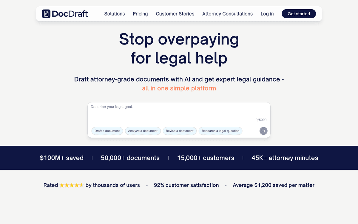 DocDraft homepage showing drafting and document review entry points.
