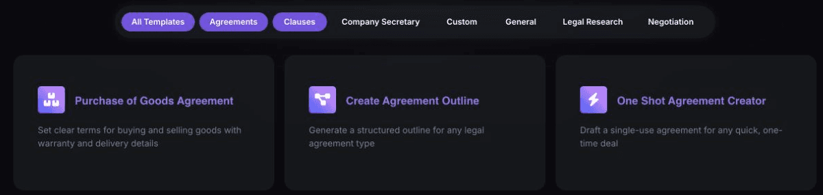 Law ChatGPT's public agreement-template cards for a purchase of goods agreement, agreement outline, and one-shot agreement creator.