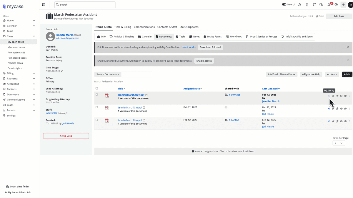 MyCase case Documents view with the MyCase IQ action on a document row.
