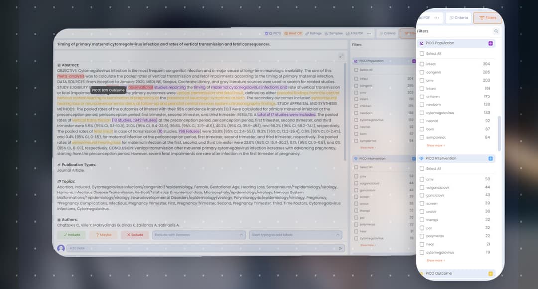 Rayyan title and abstract screening interface with Include, Maybe, Exclude, highlighted record text, and PICO filters.