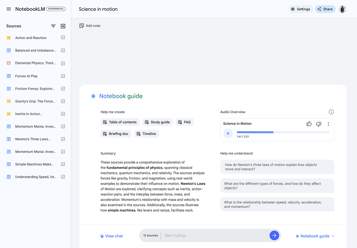 NotebookLM workspace with 12 sources and study actions