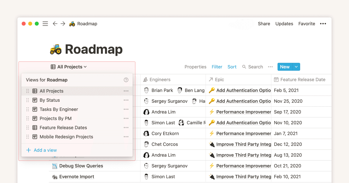 Official Notion database views screenshot showing table, board, calendar, list, and gallery layouts