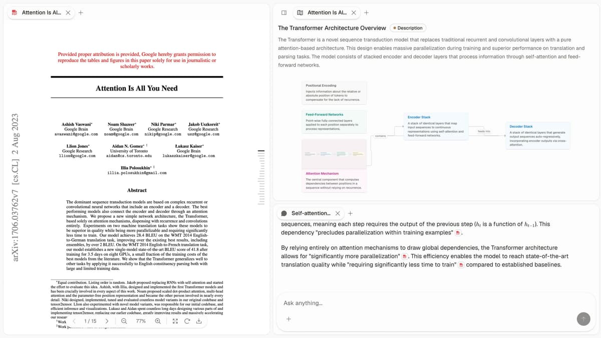 Atlas project with a processed paper, Knowledge Map, and answer citations that open source passages.