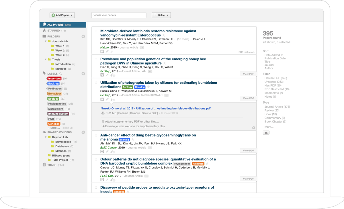 Official Paperpile screenshot showing papers organized by folders, labels, filters, and search in the web library