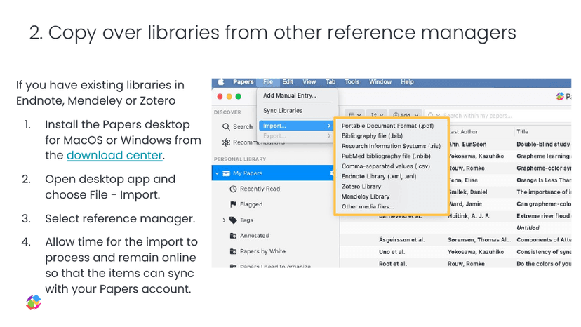 Papers desktop library and reference-manager import menu shown in the official 2025 guide.