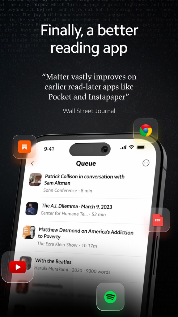 Matter app Queue screen listing saved articles, a PDF, a podcast and a book.