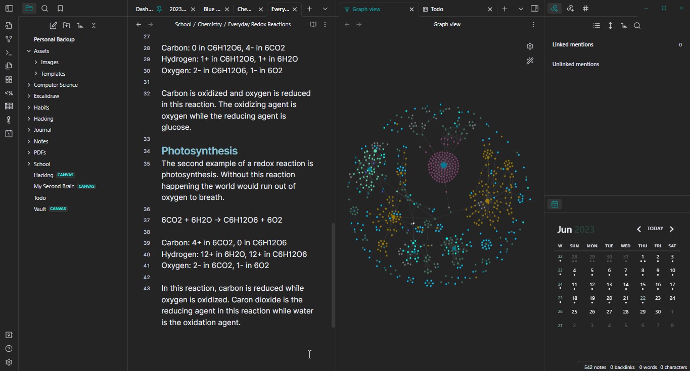 Obsidian desktop interface showing local linked notes and graph-style navigation.