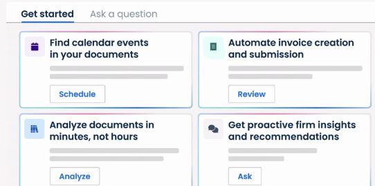 Clio Manage AI launchpad with an Analyze documents card alongside calendar, invoice, and firm-insight actions.