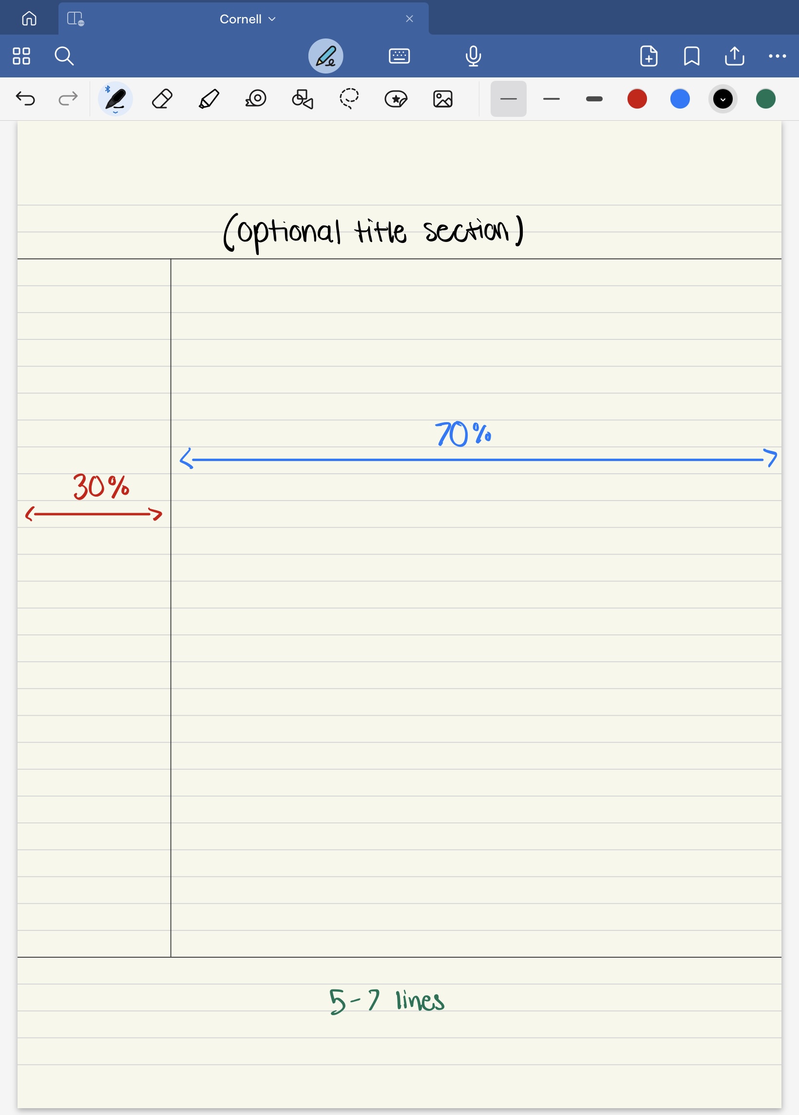 Goodnotes Cornell notes template showing cue, notes, and summary areas on a handwritten study page.