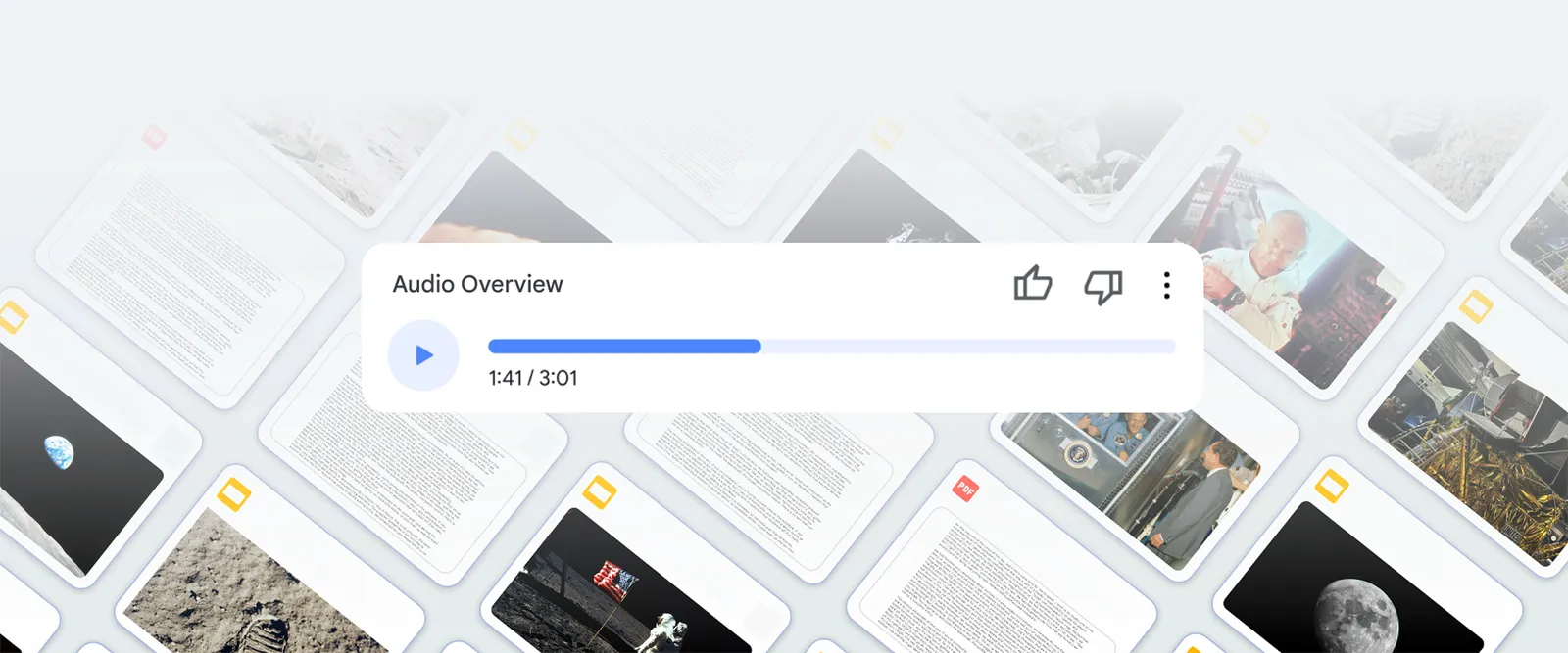 Official Google NotebookLM Audio Overview player showing playback controls over source documents.