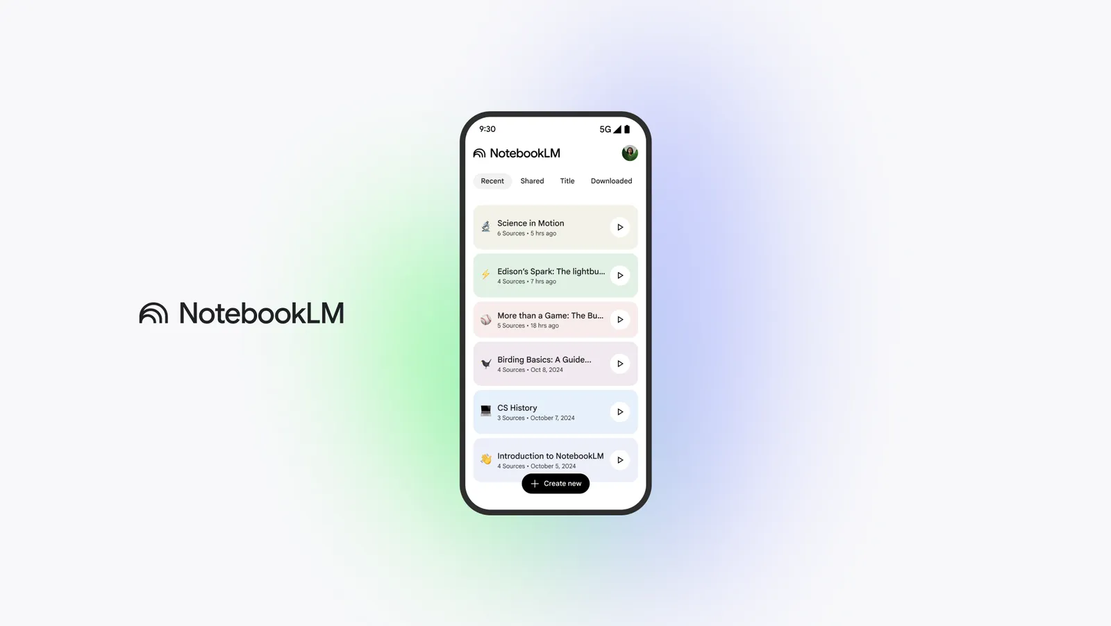 Official NotebookLM app header showing recent notebooks and the NotebookLM brand.