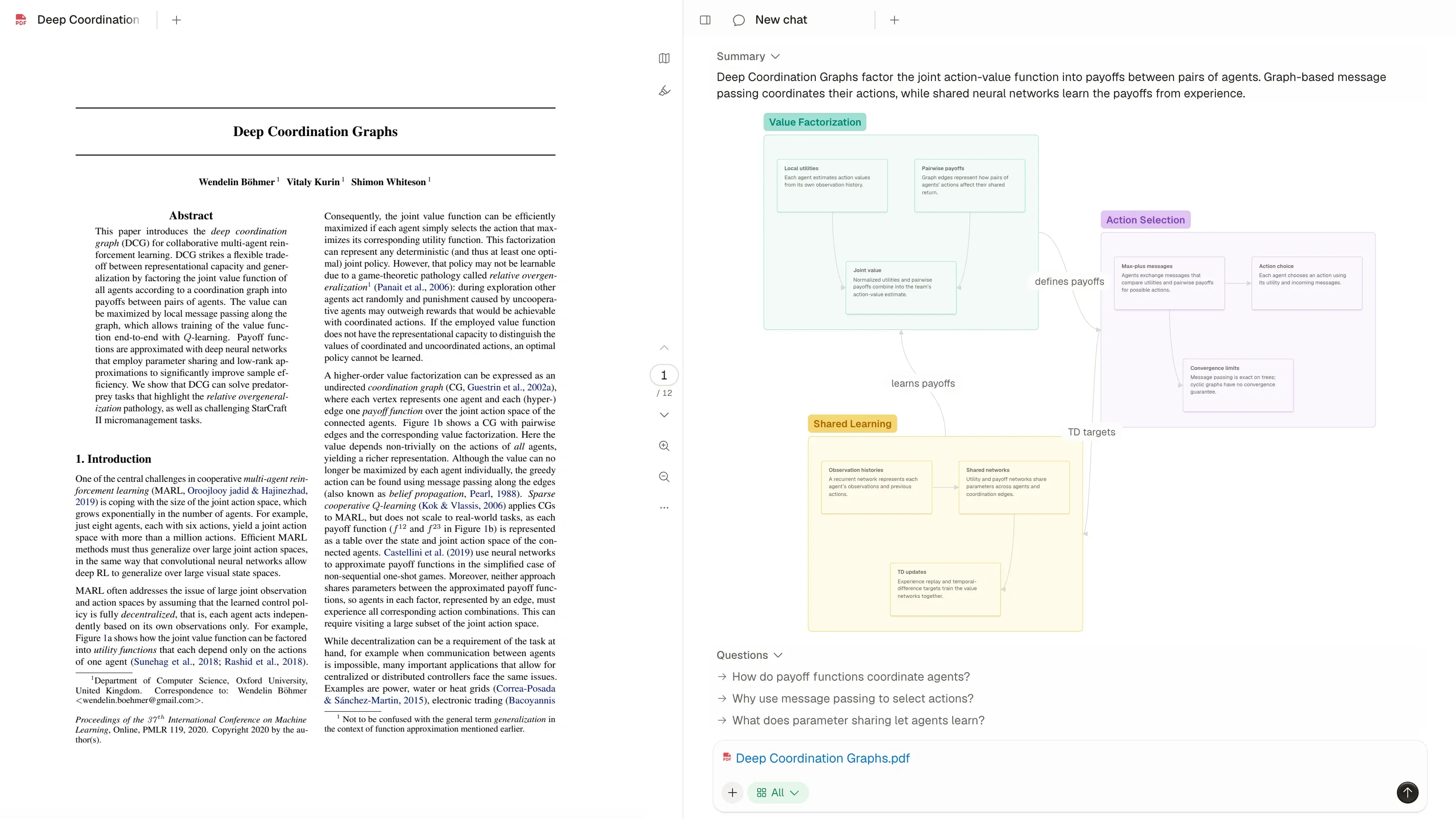 Atlas PDF reader alongside the paper’s knowledge map and chat